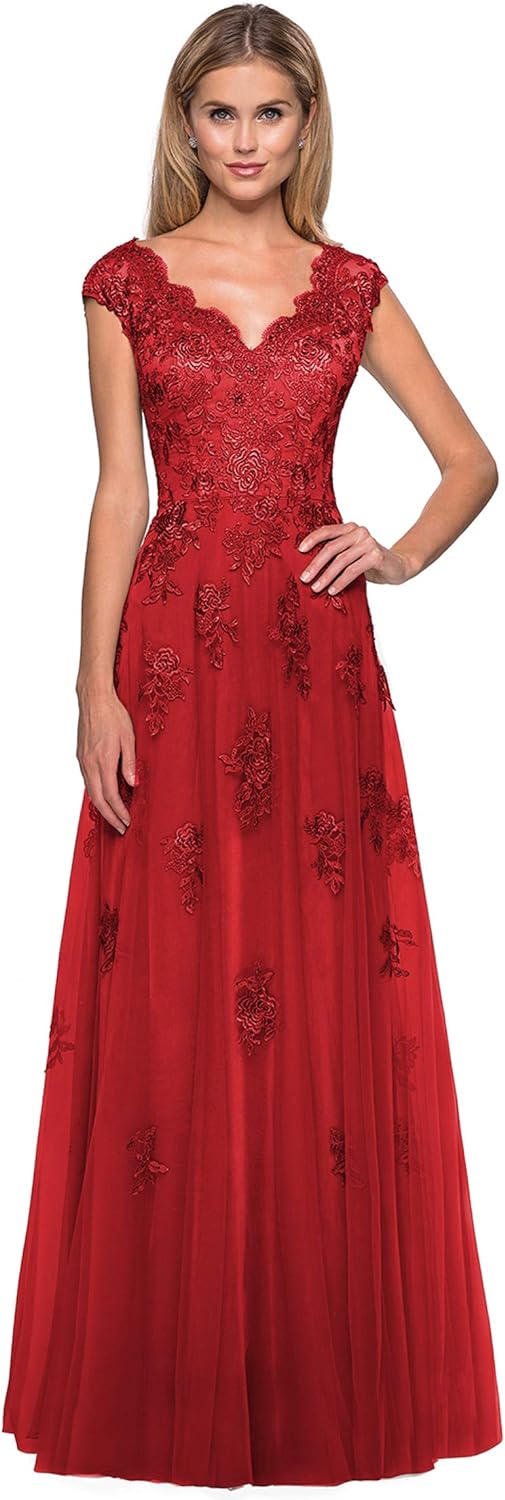 Women's V Neck Cap Sleeves Mother of The Bride Dresses Long Lace Formal Prom Evening Gowns with Pockets
