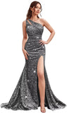 Kingbridal Gowns One Shoulder Sequin Prom Dresses with Slit 2026 Mermaid Formal Dress for Women Sparkly Ruched Evening Party Gowns