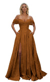 Off Shoulder Long Prom Dress 2026 Floral Satin A-Line Corset Ball Formal Evening Gown with Slit