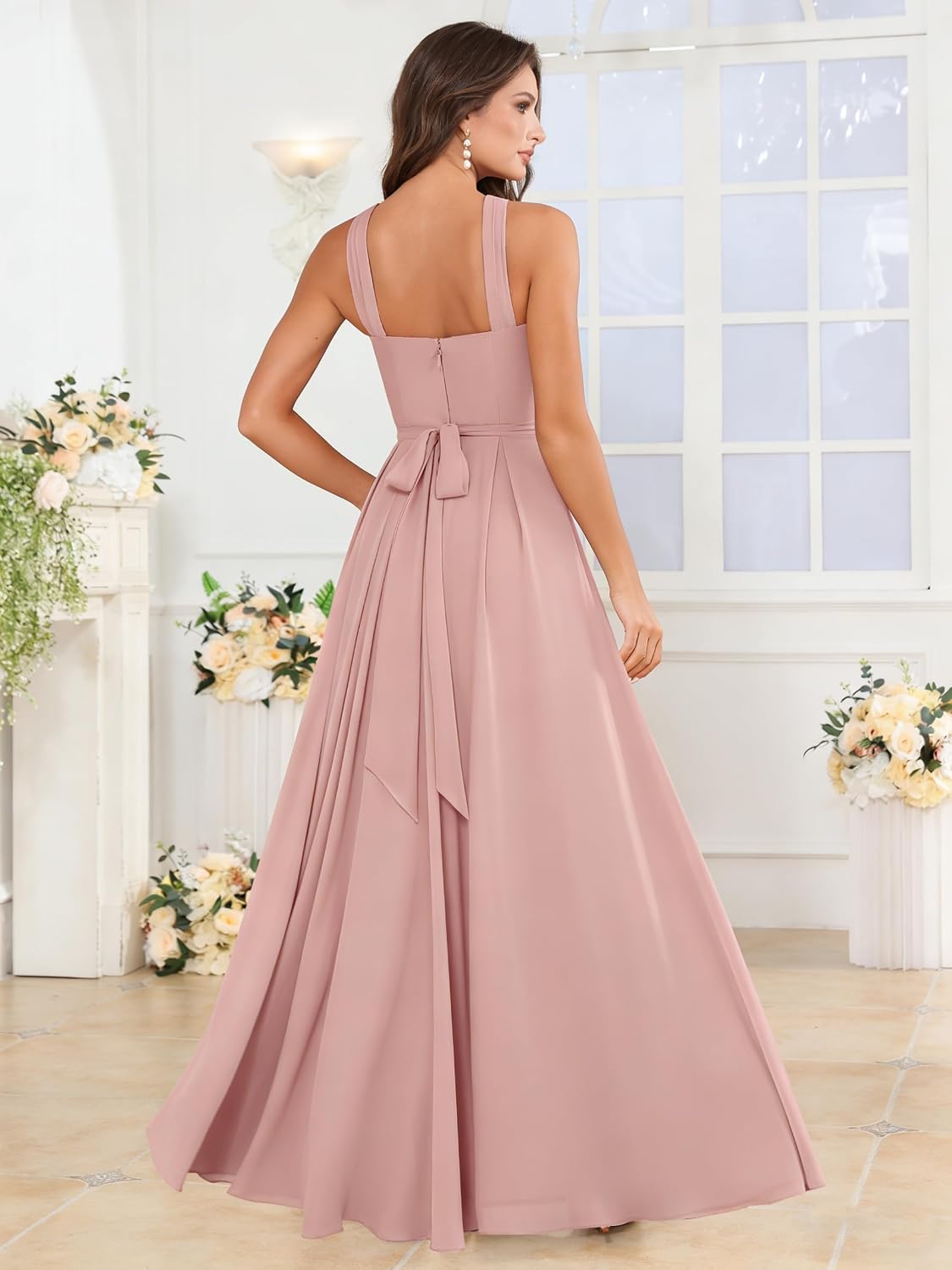 Halter Bridesmaid Dresses for Wedding Chiffon A Line Pleated Long Formal Prom Dress with Belt