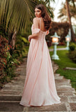 Schulterfreies Chiffon-Brautjungfernkleid mit Taschen für die Hochzeit 