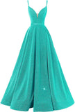 Women's Glittery Spaghetti V-Neck Prom Dresses Long Side Split Formal Evening Gowns