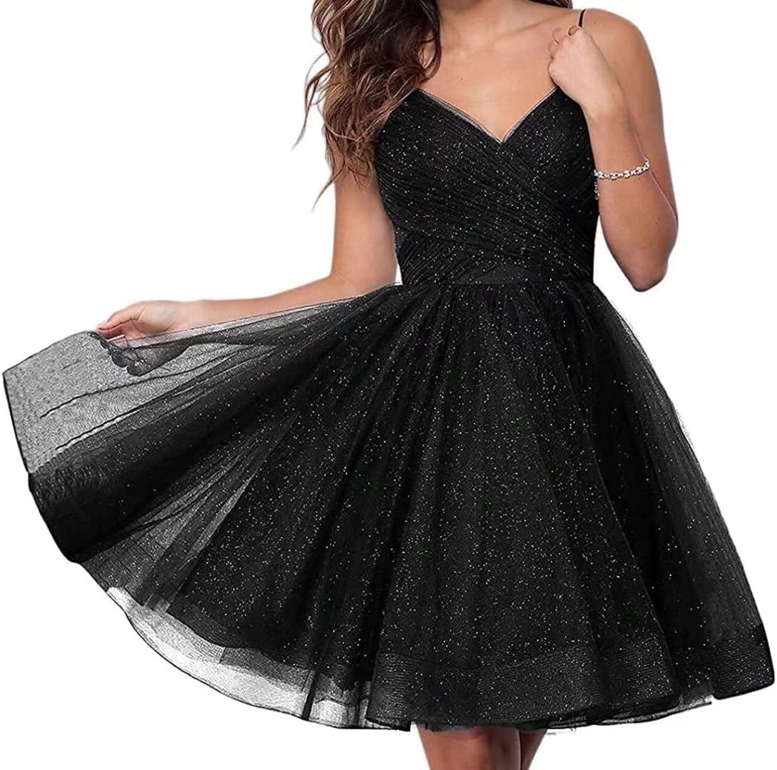 Short Homecoming Dresses Spaghetti Straps V Neck Glitter Tulle Ball Gown Short Prom Graduation Dress for Juniors