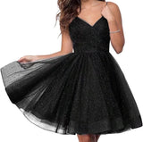 Short Homecoming Dresses Spaghetti Straps V Neck Glitter Tulle Ball Gown Short Prom Graduation Dress for Juniors