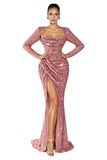 Mermaid Sequin Prom Dresses for Women 2026 Long Sleeve Ruched Formal Dress with Slit Sparkly Evening Party Gowns