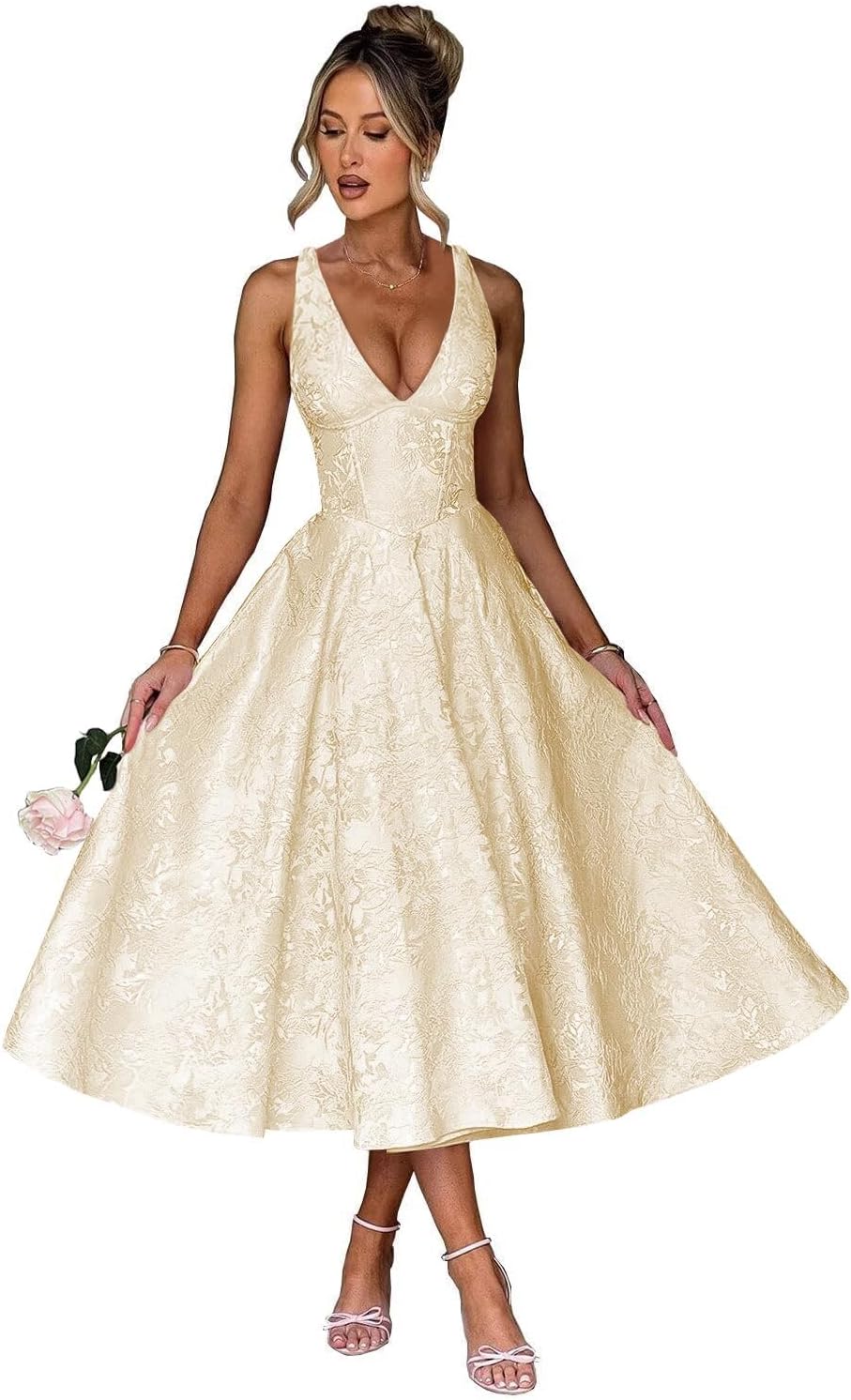 V Neck Tea Length Prom Dress for Women Satin Evening Party Gown A Line Cocktail Dress