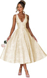 V Neck Tea Length Prom Dress for Women Satin Evening Party Gown A Line Cocktail Dress