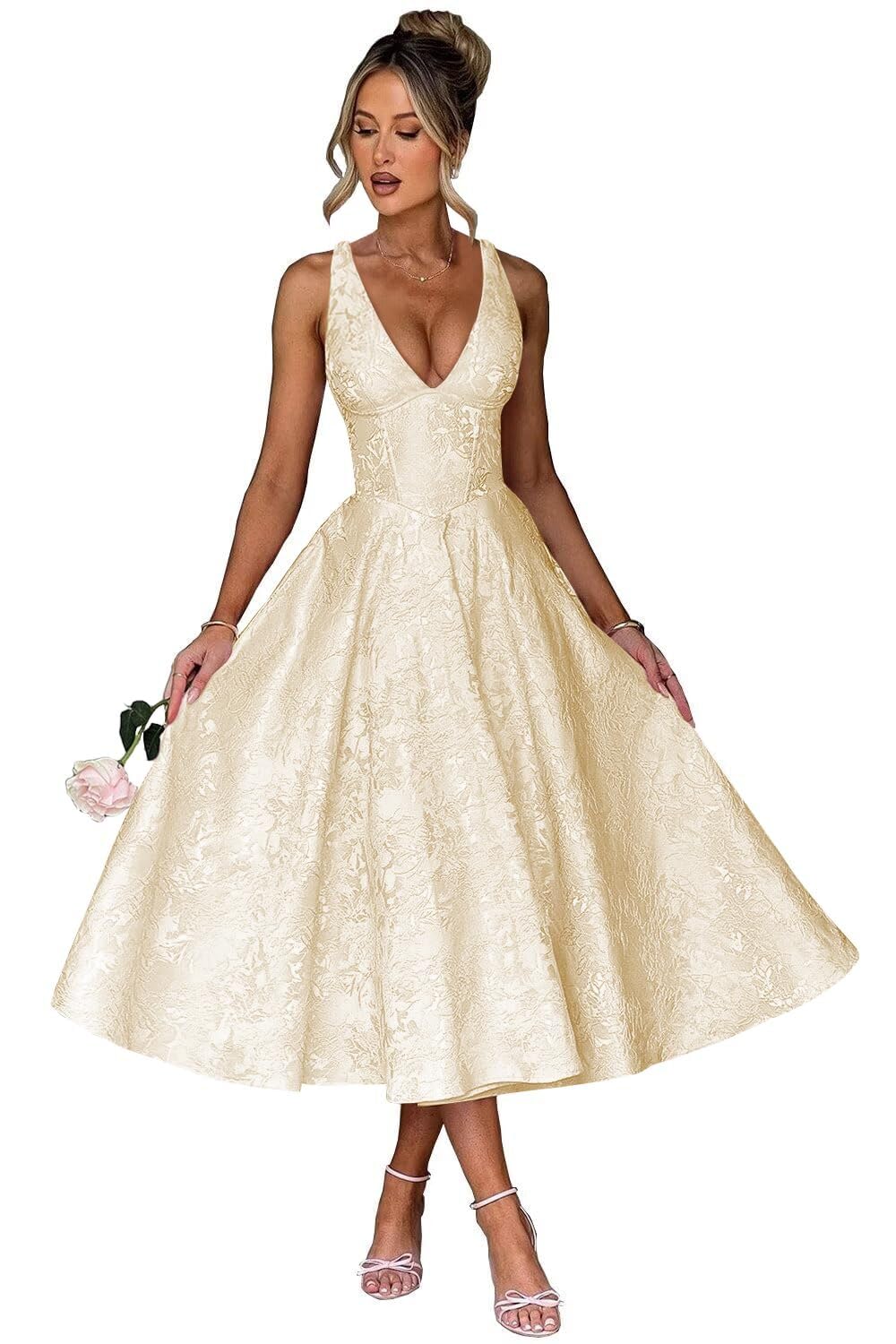 V Neck Tea Length Prom Dress for Women Satin Evening Party Gown A Line Cocktail Dress