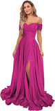 Women's Glittery Prom Dresses Long Ball Gown Off Shoulder High Slit Formal Evening Gowns with Pockets
