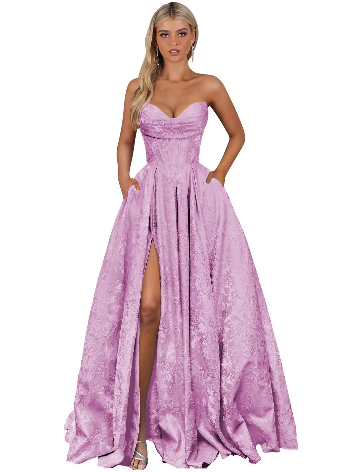 Strapless Jacquard Satin Prom Dresses for Women Corset A Line Long Formal Evening Party Gowns with Slit
