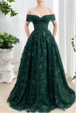 Sparkly Off Shoulder Tulle Prom Dresses with Butterfly Appliques Long A Line Formal Evening Party Gowns for Women