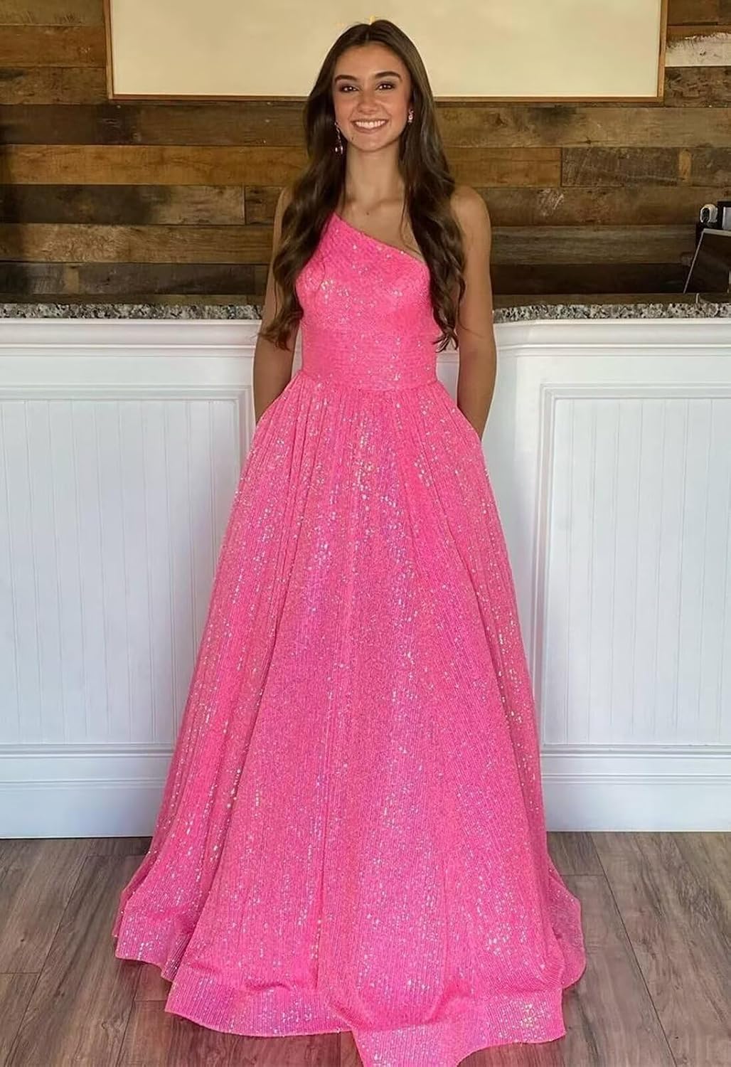 One Shoulder Sequin Prom Dresses for Women 2027 Sparkly Long A-Line Formal Evening Party Ball Gowns with Pockets