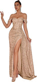 Evening Gowns Formal Dresses for Women Sequin Tulle Wedding Guest Cocktail Party Sexy Off Shoulder Floor Length Prom Dress