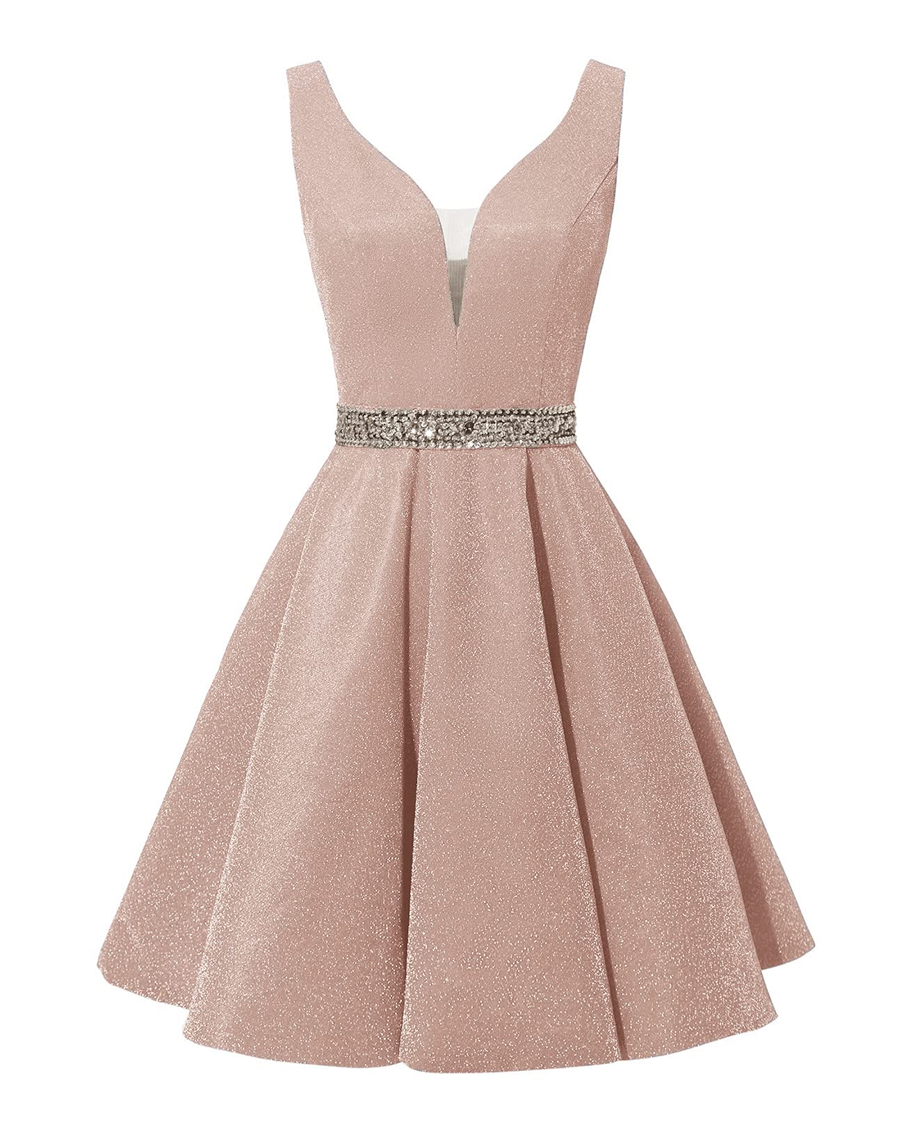 Satin Glitter Homecoming Dresses for Teens Short Prom Dress V-Neck Beaded Evening Formal Cocktail Party Gowns