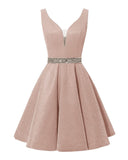 Satin Glitter Homecoming Dresses for Teens Short Prom Dress V-Neck Beaded Evening Formal Cocktail Party Gowns