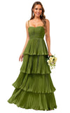 Tiered Ruffle Bridesmaid Dresses for Women Spaghetti Straps Long Chiffon Formal Evening Prom Gowns