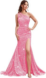 Kingbridal Gowns One Shoulder Sequin Prom Dresses with Slit 2026 Mermaid Formal Dress for Women Sparkly Ruched Evening Party Gowns