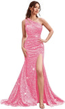 Kingbridal Gowns One Shoulder Sequin Prom Dresses with Slit 2026 Mermaid Formal Dress for Women Sparkly Ruched Evening Party Gowns