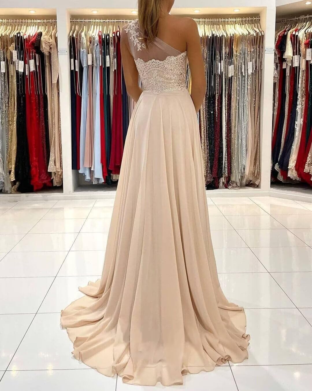 One Shoulder Chiffon Bridesmaid Dresses for Wedding 2026 Lace A-Line Slit Formal Evening Party Gown with Pockets