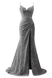 Spaghetti Straps Sequin Prom Dresses for Women 2027 Mermaid Ruched Formal Dress with Slit Sparkly Evening Party Gown