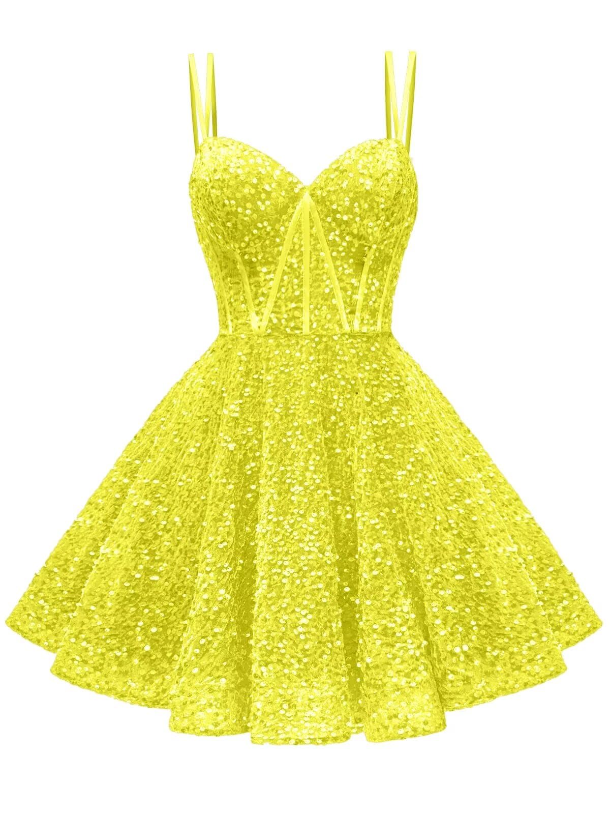 Kingbridal Gowns Sparkly Sequin Homecoming Dresses for Teens 2027 Flowy Spaghetti Straps A-Line Short Formal Prom Dress with Pockets