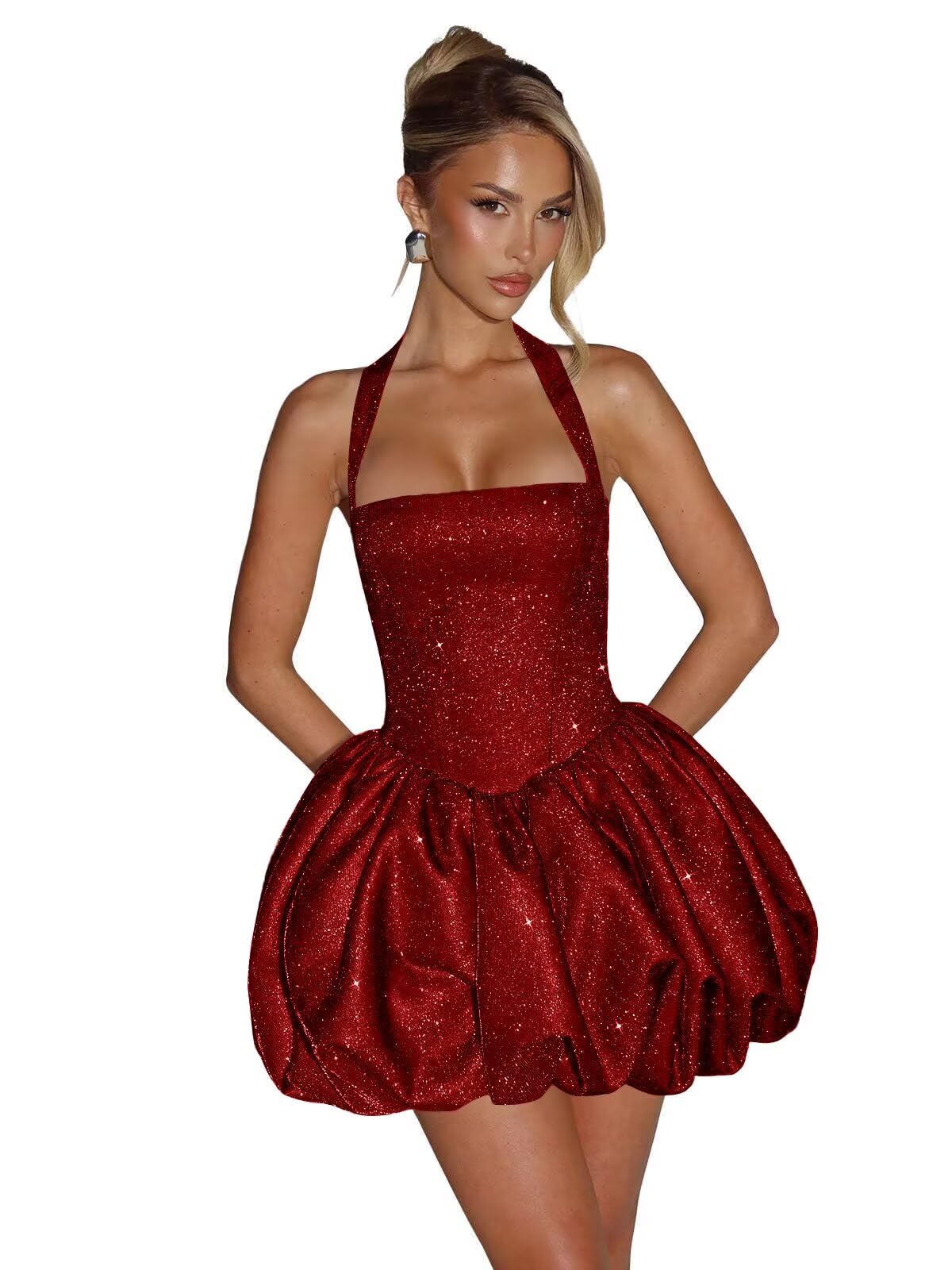 Satin Halter Homecoming Dresses for Teens Short Glitter A-Line Prom Dress Bubble Mini Formal Cocktail Party Gowns