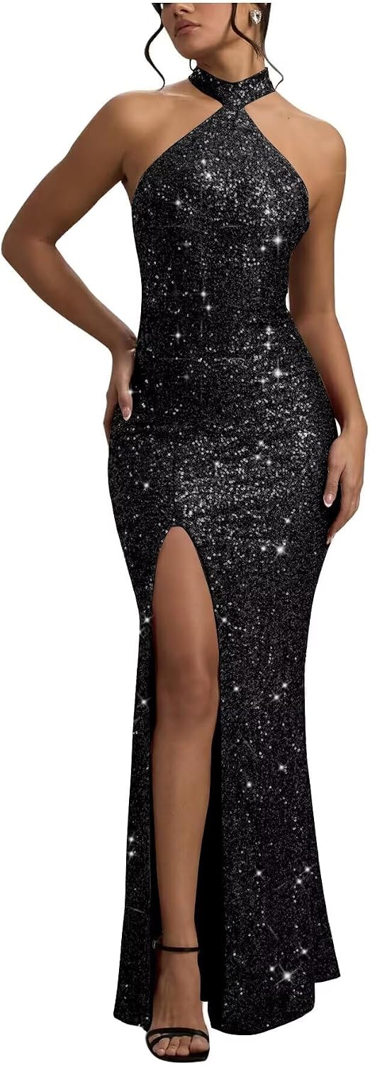 Sequin Mermaid Prom Dresses for Women Long Sparkly Halter-Neck Tight Backless Formal Evening Party Gowns with Slit