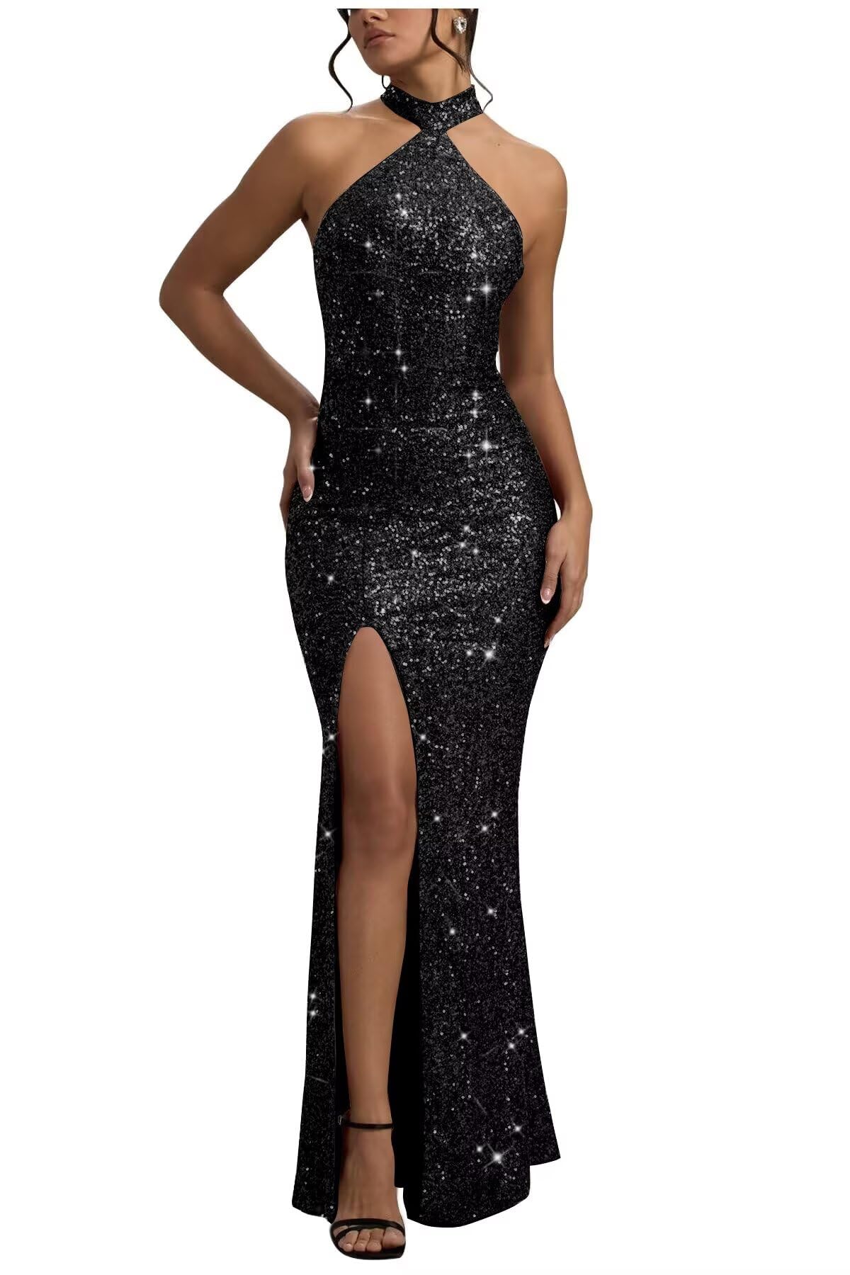 Sequin Mermaid Prom Dresses for Women Long Sparkly Halter-Neck Tight Backless Formal Evening Party Gowns with Slit