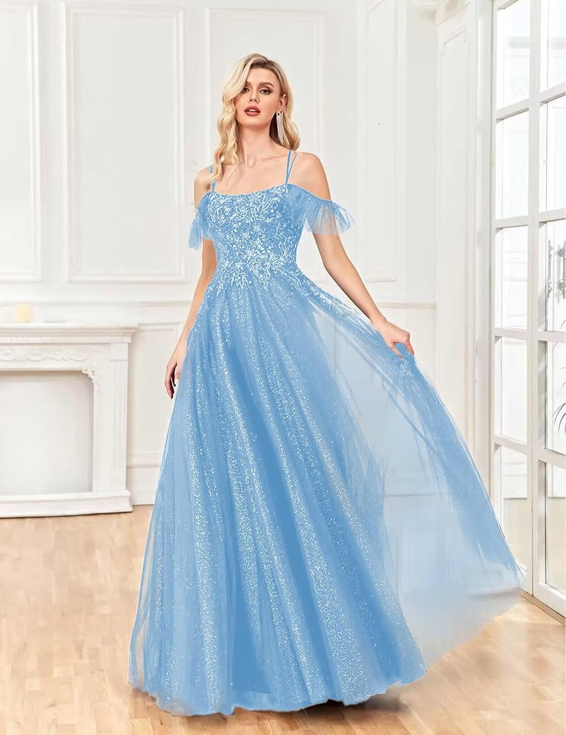 Off Shoulder Tulle Ball Gowns for Women Lace Appliques Beaded Prom Dress Sparkly Long A-line Evening Gowns