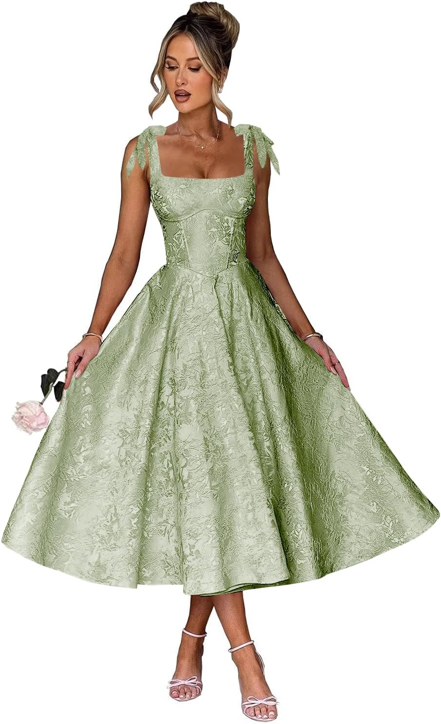Women's Midi Bridesmaid Dresses Jacquard Satin with Bow Spaghetti Straps Square Neck Formal Wedding Guest Dress