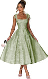 Women's Midi Bridesmaid Dresses Jacquard Satin with Bow Spaghetti Straps Square Neck Formal Wedding Guest Dress