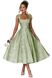 Women's Midi Bridesmaid Dresses Jacquard Satin with Bow Spaghetti Straps Square Neck Formal Wedding Guest Dress