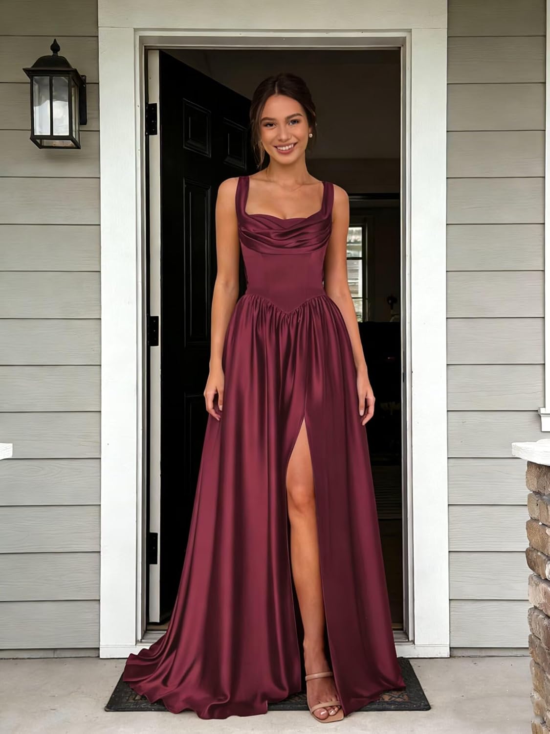 Cowl Neck Satin Prom Dresses Corset Ball Gown Long Puffy A-Line Formal Evening Gown with Slit