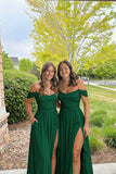 Women's Long Chiffon Bridesmaid Dresses with Slit Off Shoulder A-Line Formal Prom Evening Gown Maxi Wedding Guest Dress