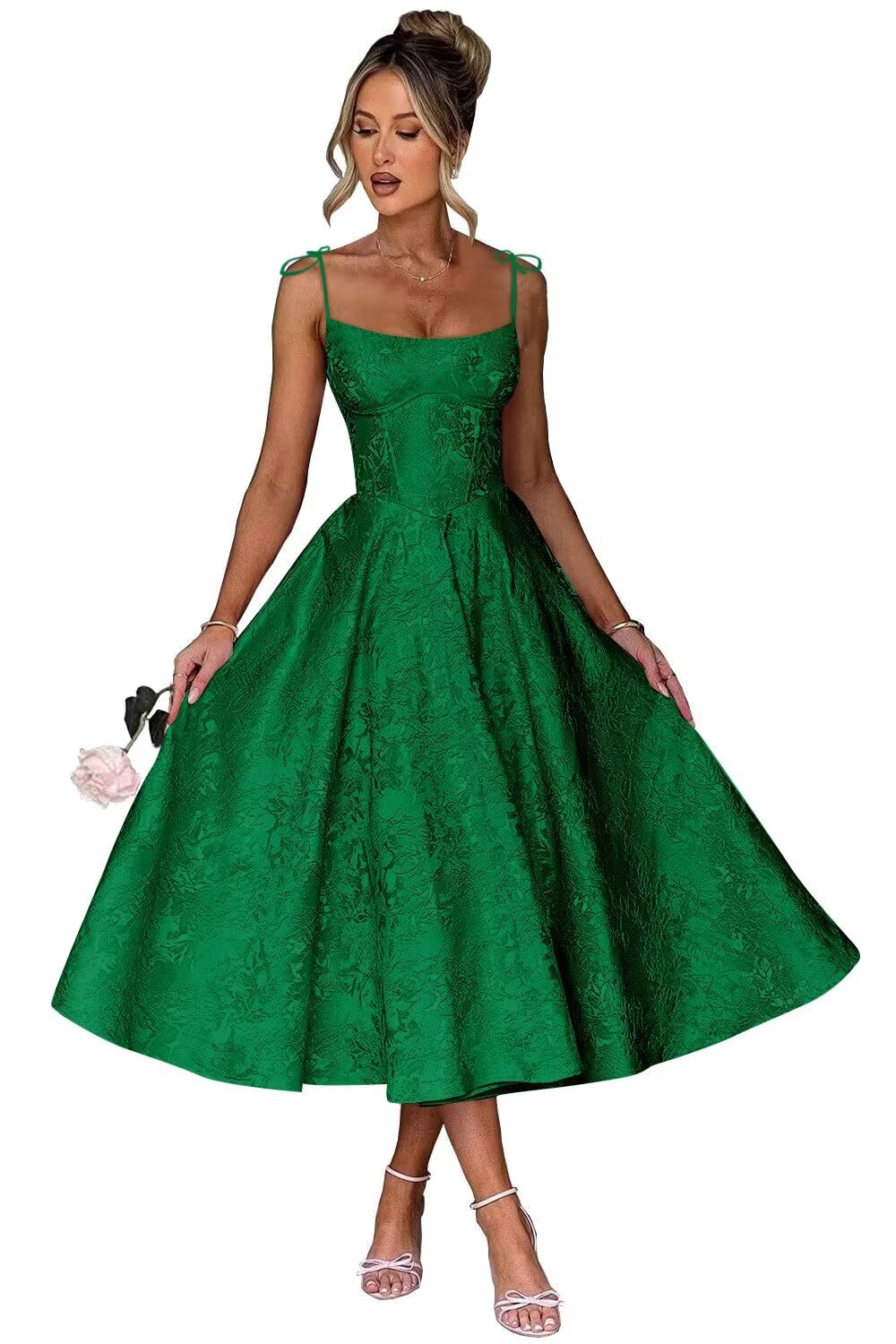 Jacquard Floral Satin Prom Dresses for Women 2026 Spaghetti Straps A-Line Midi Formal Evening Party Gown with Pockets
