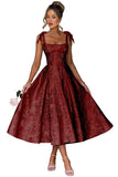 Women's Midi Bridesmaid Dresses Jacquard Satin with Bow Spaghetti Straps Square Neck Formal Wedding Guest Dress