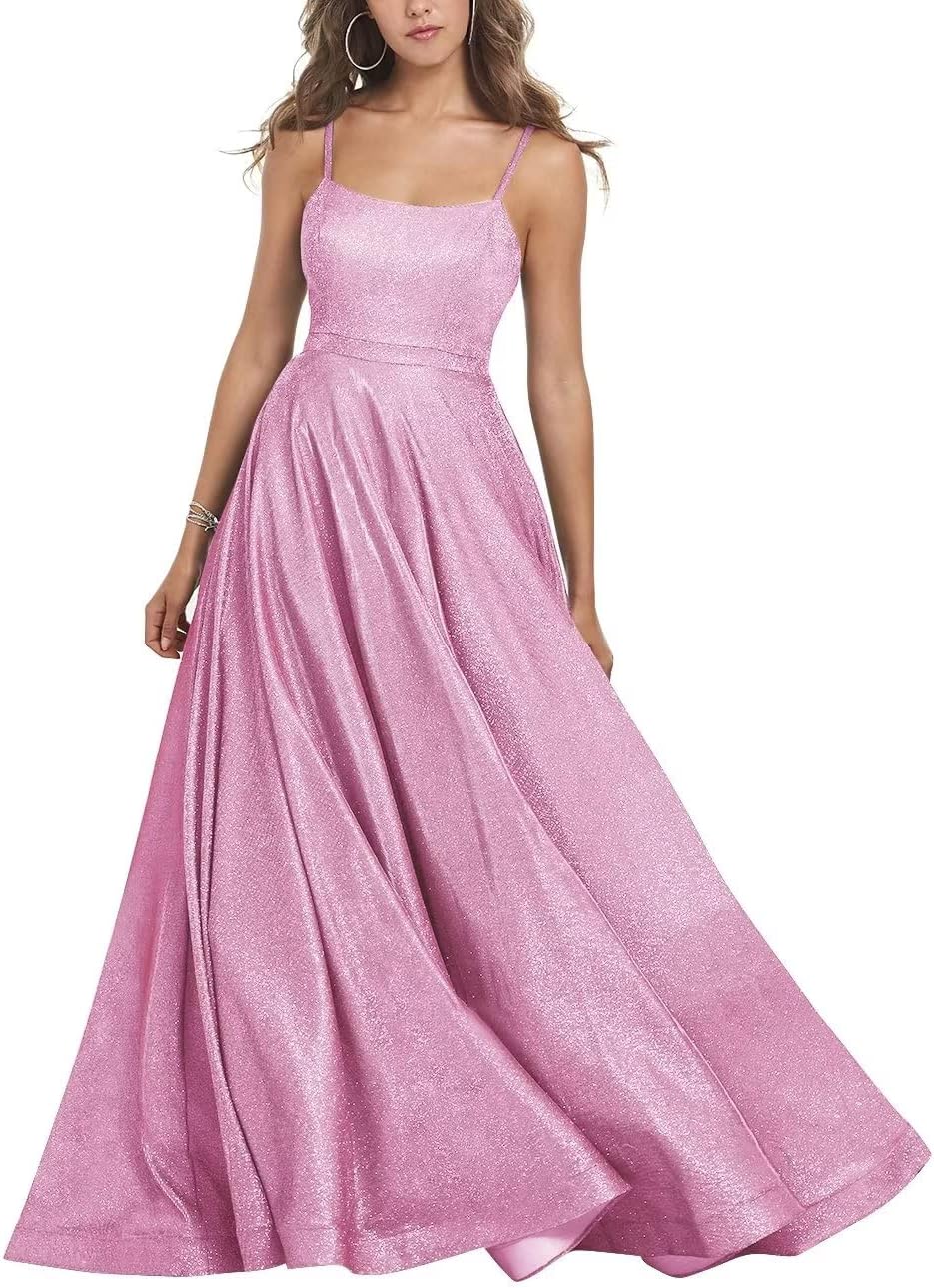 Women's Glitter Prom Dresses Long Ball Gown Spaghetti Straps Neck Formal Evening Party Dress for Teens