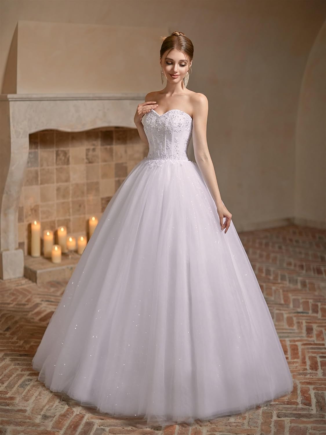 Women's Sweetheart Applique Beaded Corset Bridal Shiny Tull Wedding Dresses for Bride