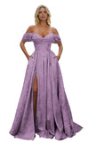 Off Shoulder Long Prom Dress 2026 Floral Satin A-Line Corset Ball Formal Evening Gown with Slit