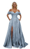 Off Shoulder Long Prom Dress 2026 Floral Satin A-Line Corset Ball Formal Evening Gown with Slit