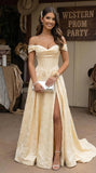 Jacquard Satin Prom Dresses for Women Off the Shoulder Corset A Line Long Formal Evening Gowns