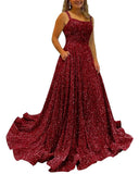 Kingbridal Gowns Spaghetti Straps Prom Dresses Long for Women 2026 A Line Sequin Satin Formal Evening Party Ball Gowns with Slit
