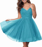 Short Homecoming Dresses Spaghetti Straps V Neck Glitter Tulle Ball Gown Short Prom Graduation Dress for Juniors