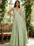Floral Lace Bridesmaid Dresses for Women Long V Neck A-Line Open Back Halter Formal Evening Gown