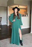 V Neck Long Sleeve Prom Dress with Slit Pleats Chiffon Formal Dress with Pockets for Wedding Party Navy Blue