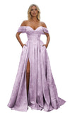 Off Shoulder Long Prom Dress 2026 Floral Satin A-Line Corset Ball Formal Evening Gown with Slit