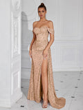 Evening Gowns Formal Dresses for Women Sequin Tulle Wedding Guest Cocktail Party Sexy Off Shoulder Floor Length Prom Dress
