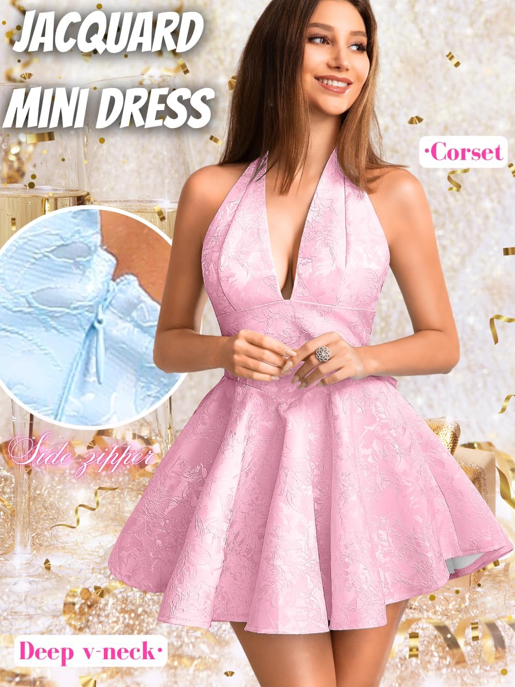 Jacquard Corset Dress,Deep V Halter Mini Dresses with Bow Back,Sexy Birthday Outfits Women Homecoming Prom Formal