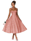 Eightale Satin Jacquard Prom Dress with Bow Tea Length Floral Midi Formal Evening Party Gown