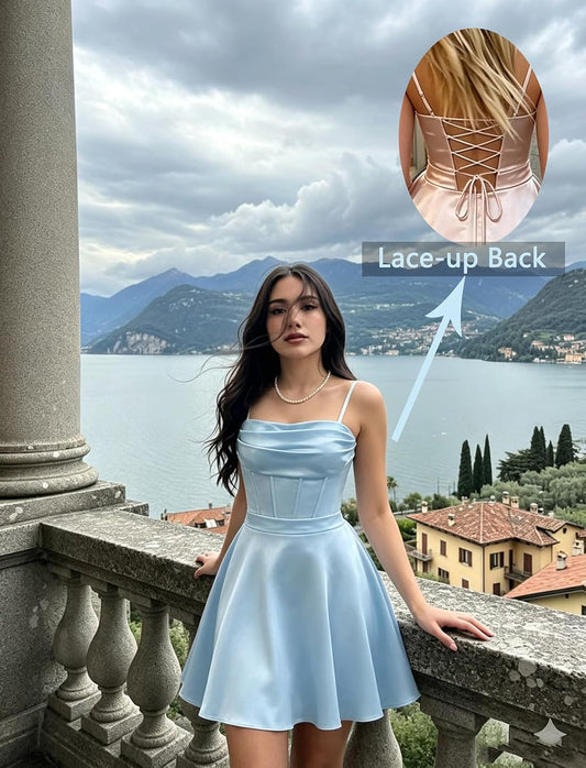Corset Satin Homecoming Dresses Short Square Neck Spaghetti Straps Corset Satin Homecoming Dresses for Teens 2026 Flowy Mini Square Neck Short Satin HOCO Dresses A-Line Flowy Sleeveless Formal Party Dress
